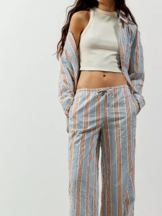 BDG Pants - BDG Light Blue & Tan Striped Wide-Leg Drawstring Pants